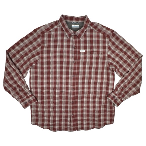 Columbia Other - Columbia Men's XL Plaid Shirt Long Sleeve Zip Chest Pocket Maroon Tan Poly Blend